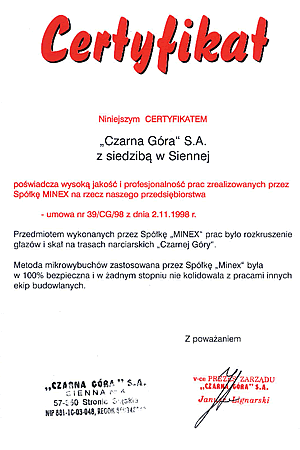 Certyfikat od firmy CZARNA GÓRA SA