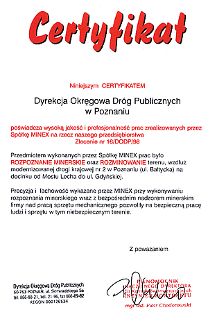 Certyfikat od DYREKCJI OKRĘGOWEJ DRÓG PUBLICZNYCH w Poznaniu minex