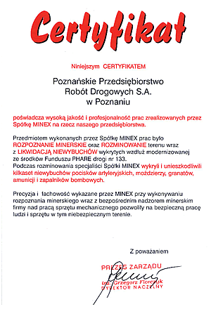 Certyfikat od POZNAŃSKIEGO PRZEDSIĘBIORSTWA ROBÓT DROGOWYCH SA minex